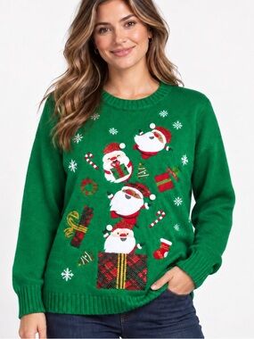 Holiday Lane Green Santa Christmas Sweater Sequin Holiday Ugly Sweater Size XL